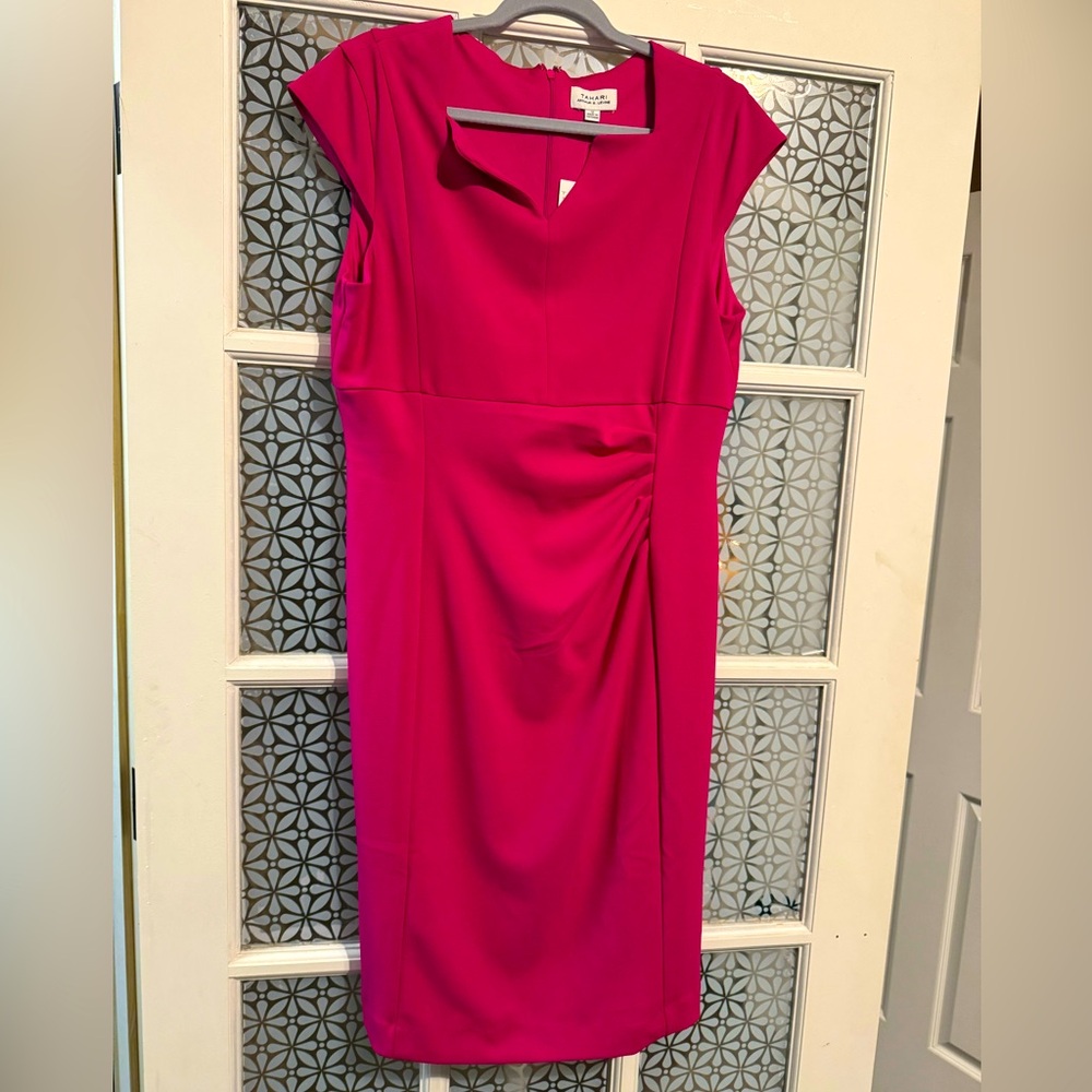 Tahari shocking pink v neck sheath dress sz 12 NWT